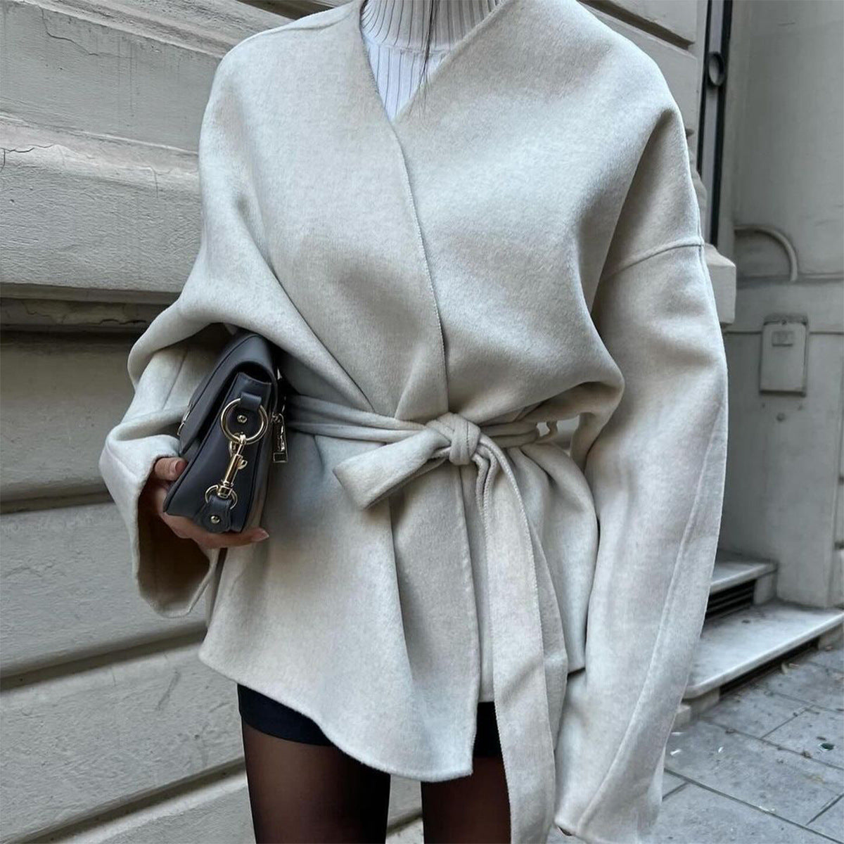 Autumn Winter Elegant Lady Solid Color Bell Sleeve Belt Trench Coat Women Clothing Apricot