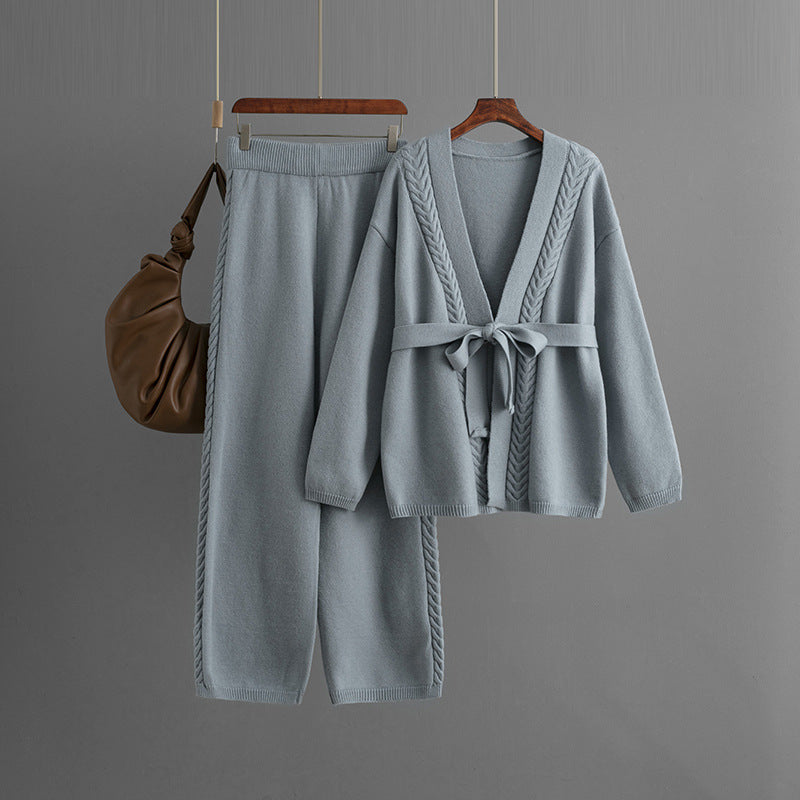 Loose Casual Sweater Women Knitted Cardigan Coat Wide Leg Pants Two Piece Set One Size Cloudy Blue