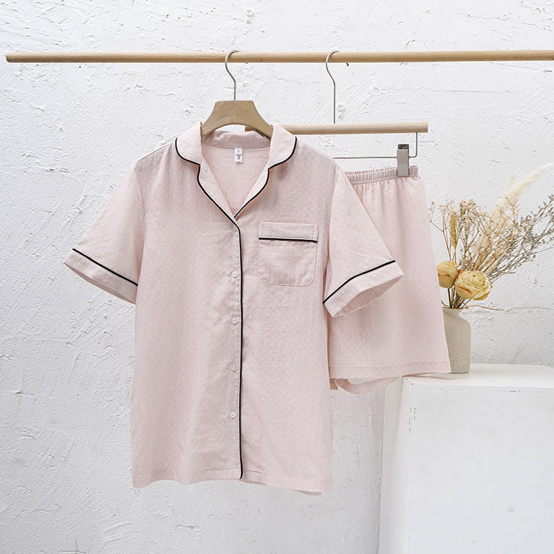 Polka Dot Collared Short Sleeve Summer Double Pure Cotton Homewear Women Simple Casual Cardigan Pajamas Women Light Pink