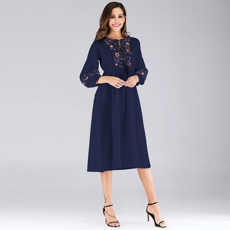 Summer Women Clothing Embroidered V neck Lace up Ninth Sleeve Dress One Size Blue