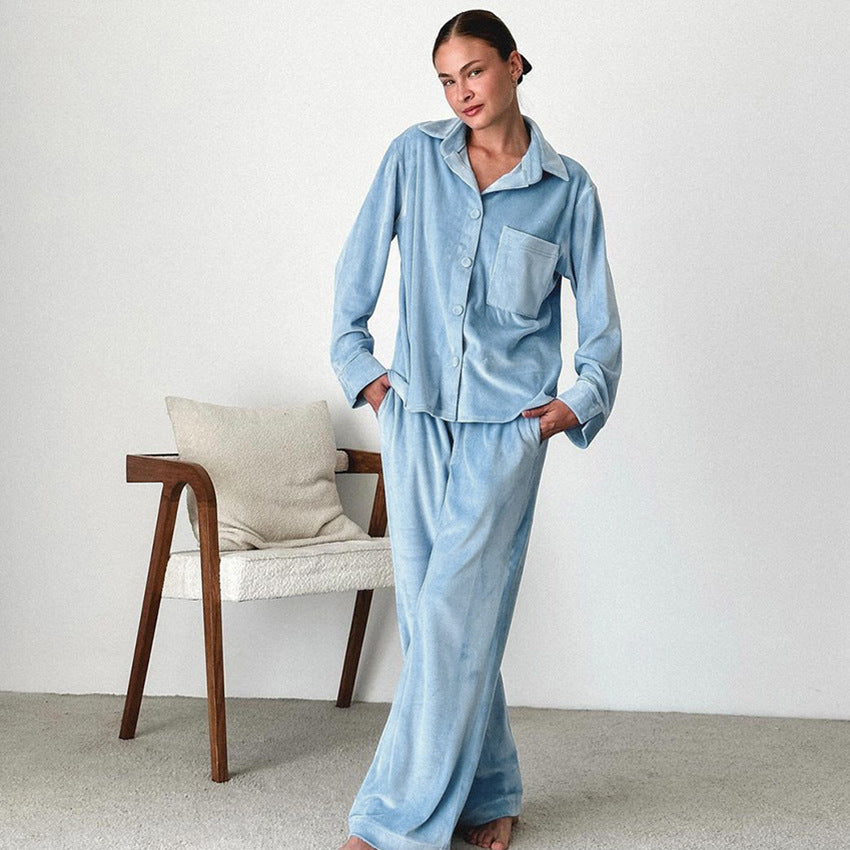 Solid Color Cardigan Long Sleeve Pants Pajamas Ladies Autumn Winter Loose Comfortable Homewear Blue