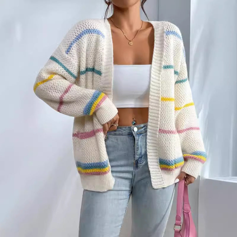 Autumn Winter Rainbow Bar Knitted Cardigan Women Sweater Loose Casual All Matching Sweater Coat