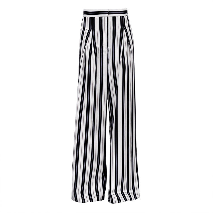 Women Clothing Black White Striped Wide Leg Pants Casual Slimming High Waist Loose Drooping Mop Trousers Women Black