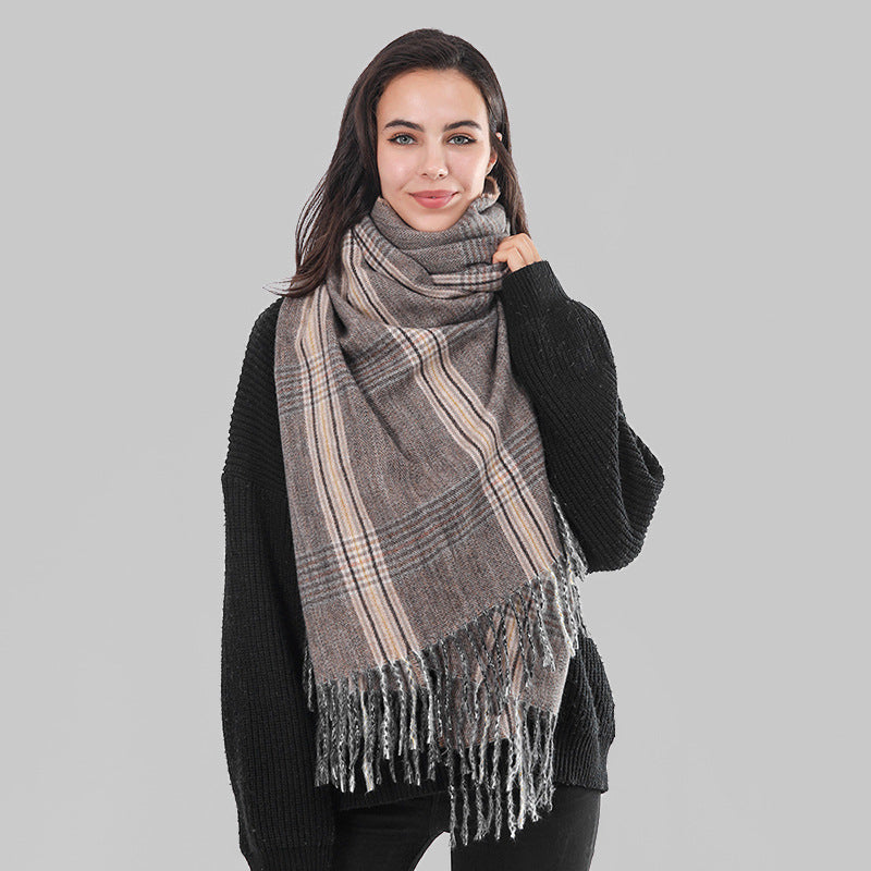 Autumn Winter Barbed Fringe Plaid Scarf Women Scarf Shawl Vintage Scarf