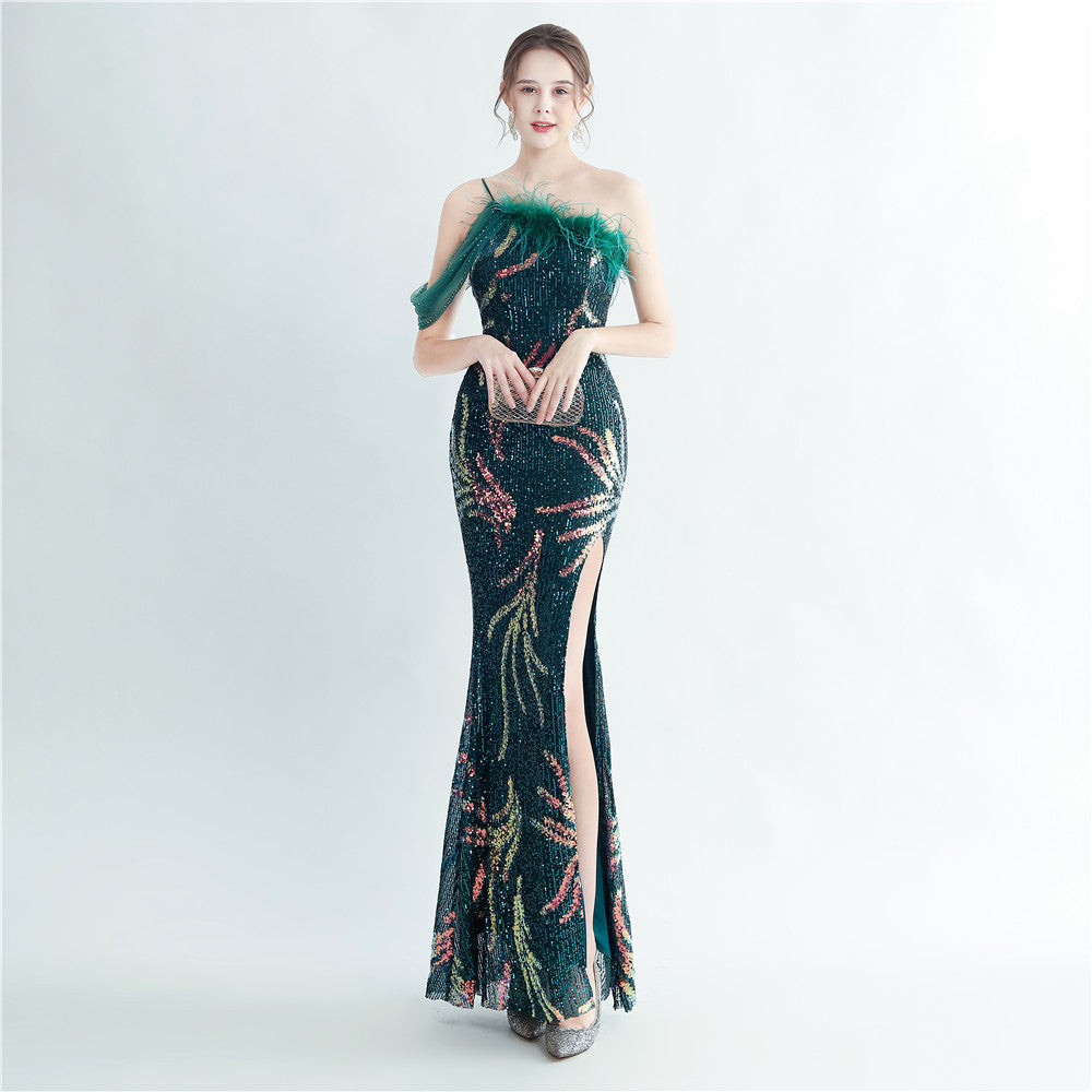 High Density Ostrich Feather Craft Beading High End Evening Dress Green