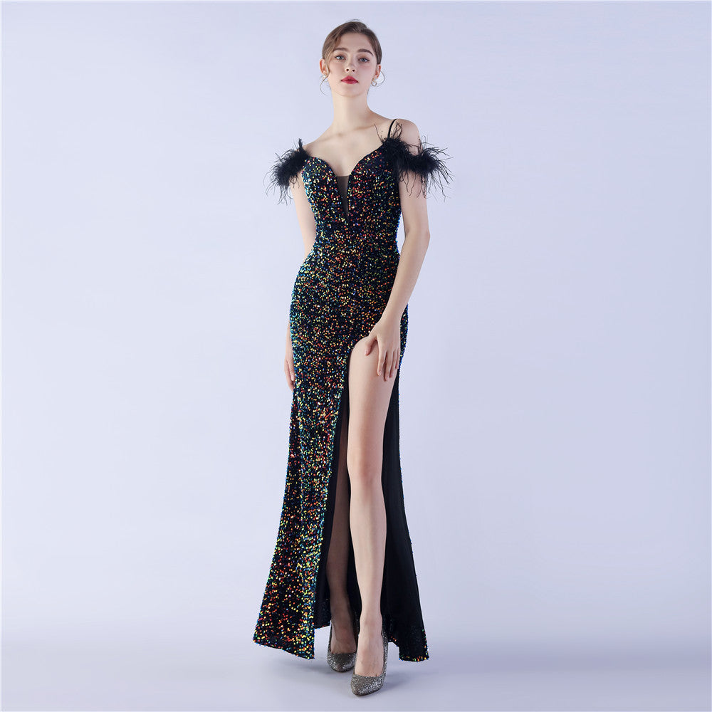 Craft Order Ostrich Feather High Density Sequined Long Evening Dress Symphony black