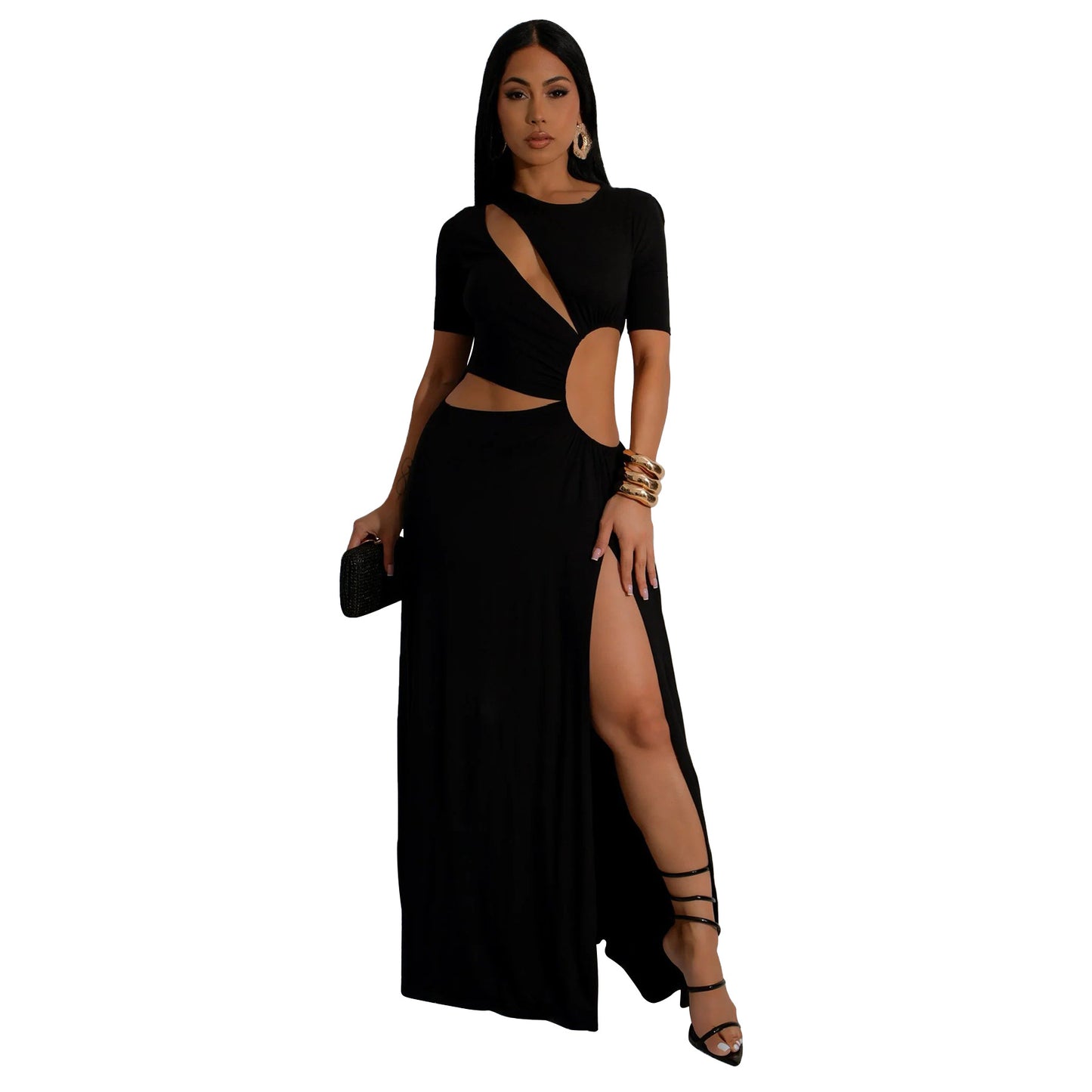 Women Clothing Sexy Waist Hollow Out Cutout out Irregular Asymmetric Maxi Dress Solid Color Split Dress Black