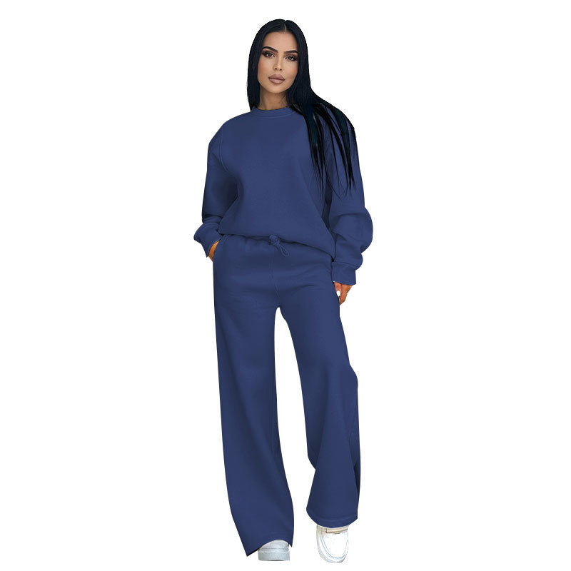 Autumn Winter Solid Color Round Neck Long Sleeve Loose Women Wear Casual Wide Leg Pants Suit Navy Blue