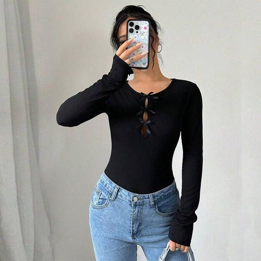 Women Clothing Simple Office T Shirt Autumn Winter Round Neck Slim Fit All Match Inner Bottoming Top