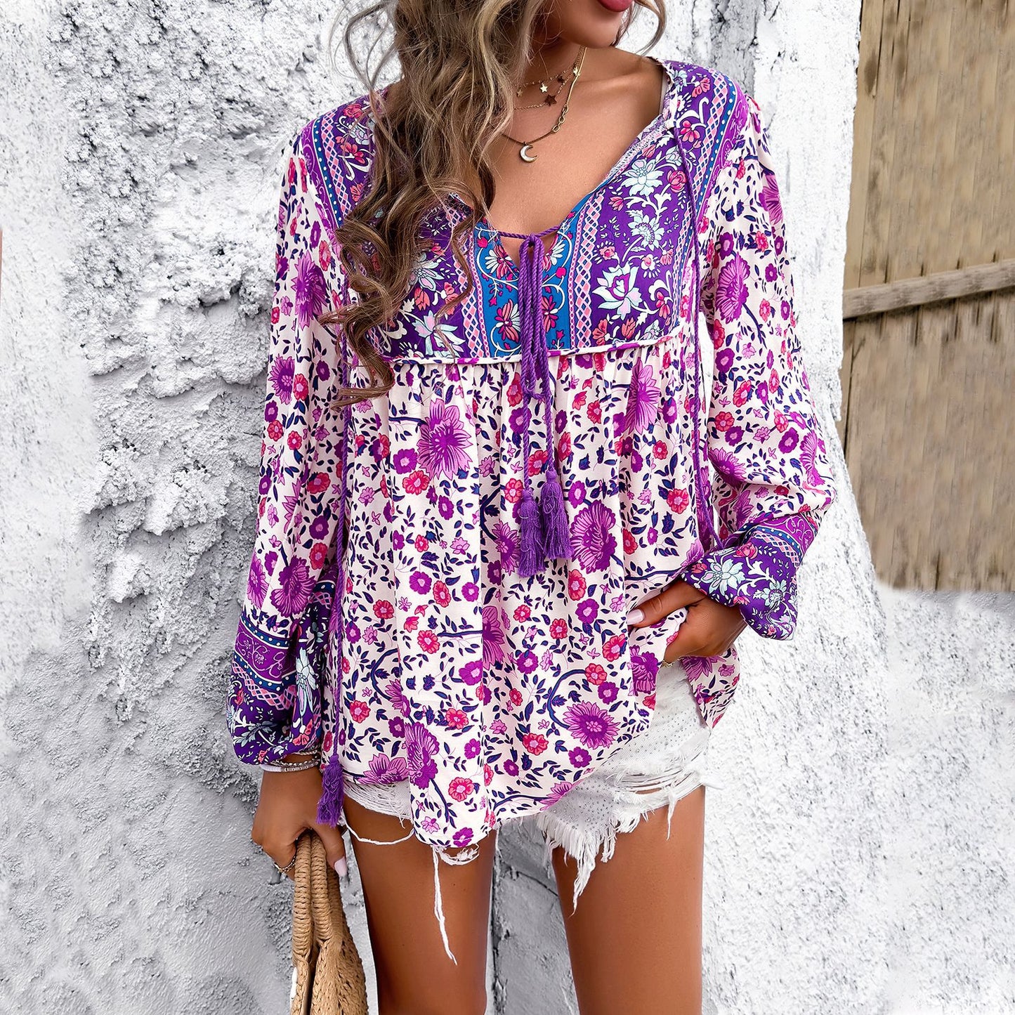 Women Clothing Spring Summer Casual Holiday Floral Print Long Sleeve Shirt Purple