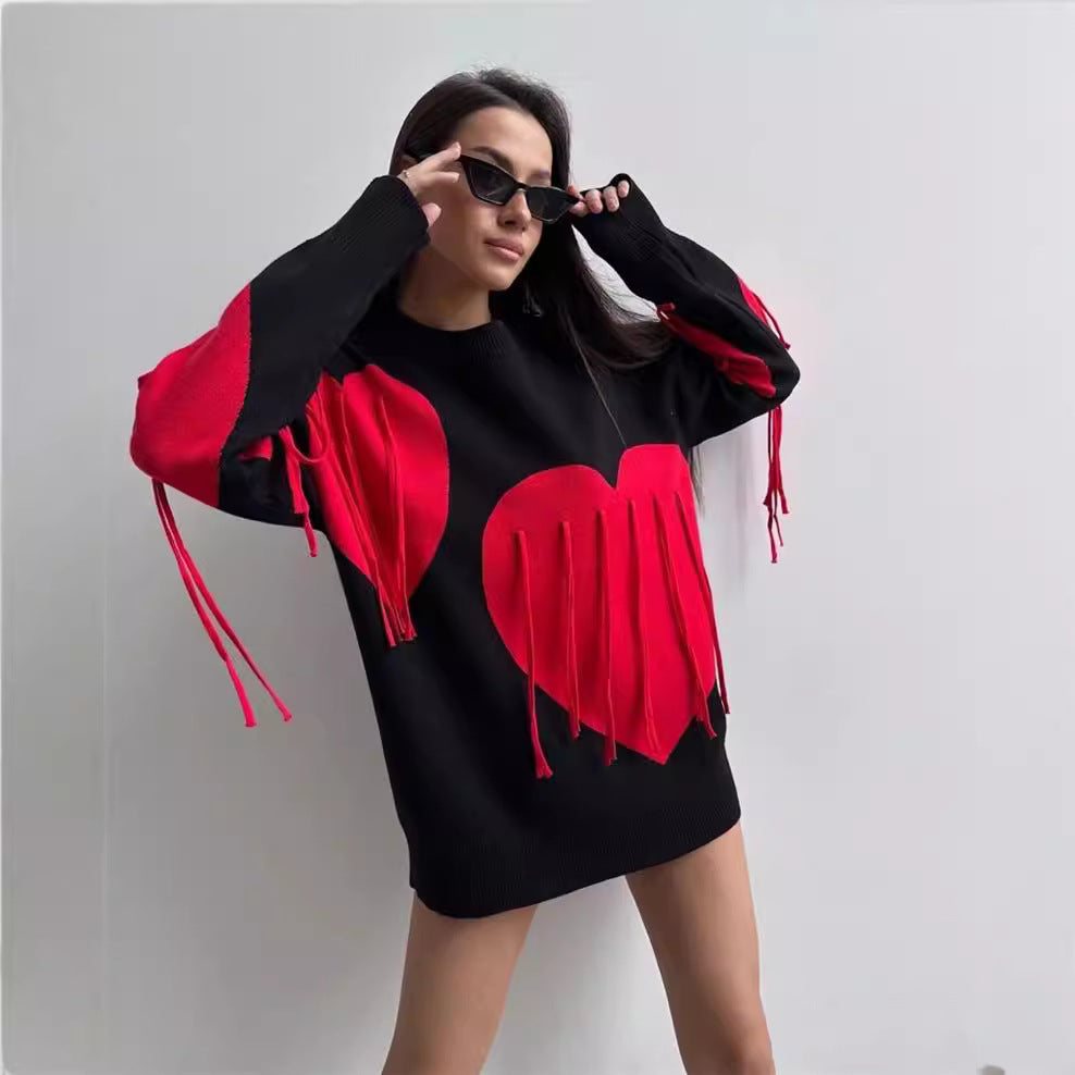 Love Tassel Autumn Winter Sweater Women round Neck Pullover Top Sweater