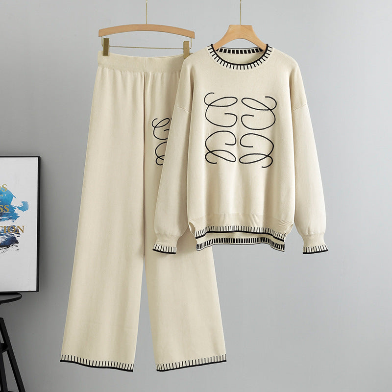 Spring Autumn Two Piece Sets Casual Wide Leg Pants Loose round Neck Simple Knitting One Size Apricot