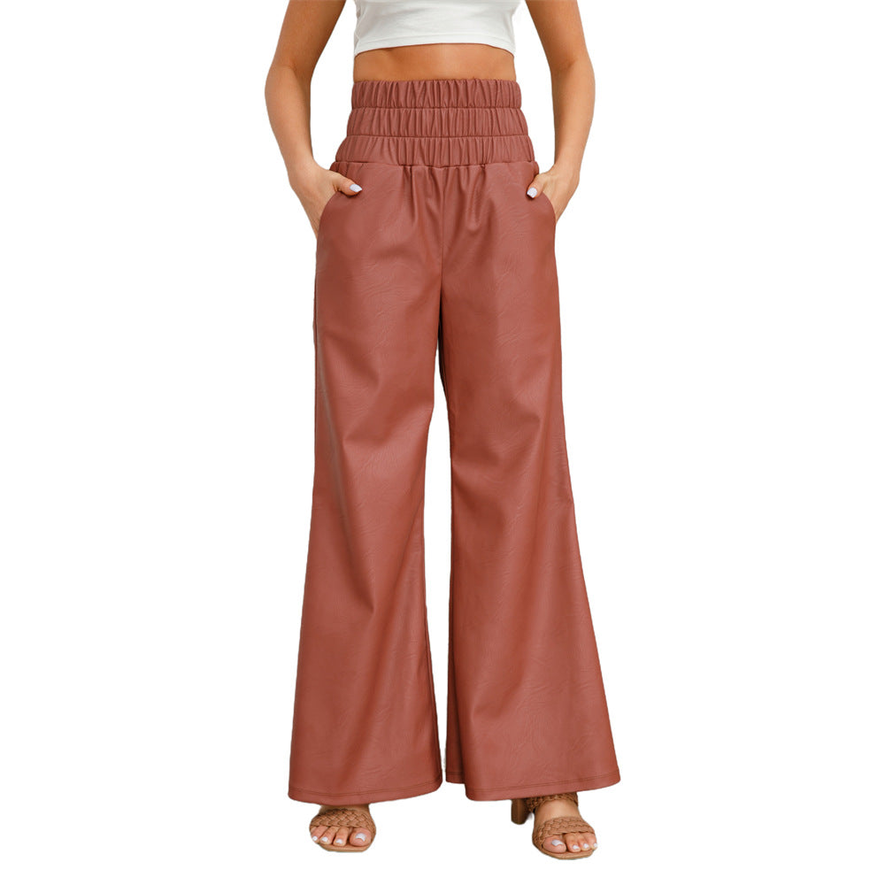 Street High Waist Wide Leg Faux Leather Autumn Winter Women Clothing Bell Bottom Pants Pants Brown