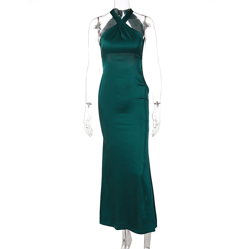 Sexy Solid Color Slim Sleeveless Backless Dress Women Green