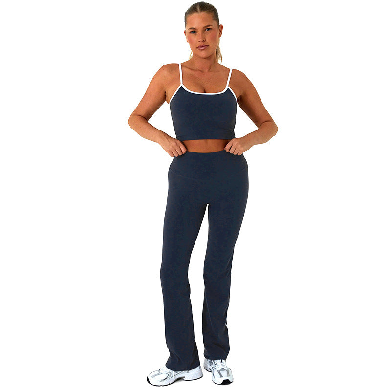 Women Clothing Summer Suspender Cropped Tank Top High Waist Trousers Contrast Color Set Navy Blue