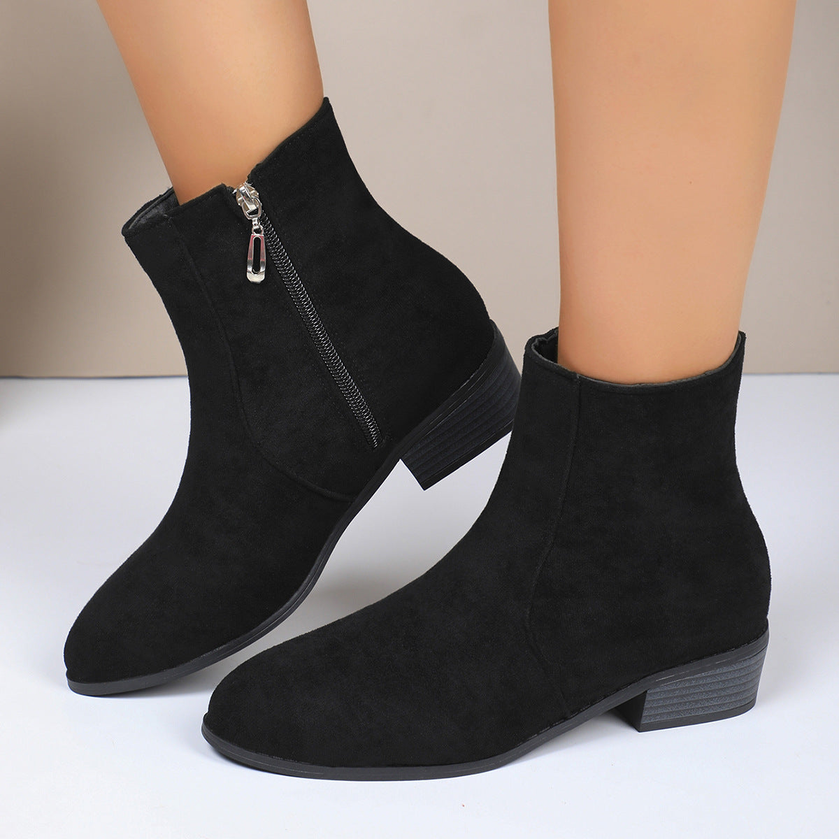 Suede Short Martin Boots Women Thick Heel with British Side Thin Coat with Zip Ankle Boots Black