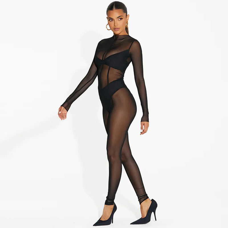 Long Sleeve Mesh Trousers Autumn Women Clothing Sexy See through Jumpsuit