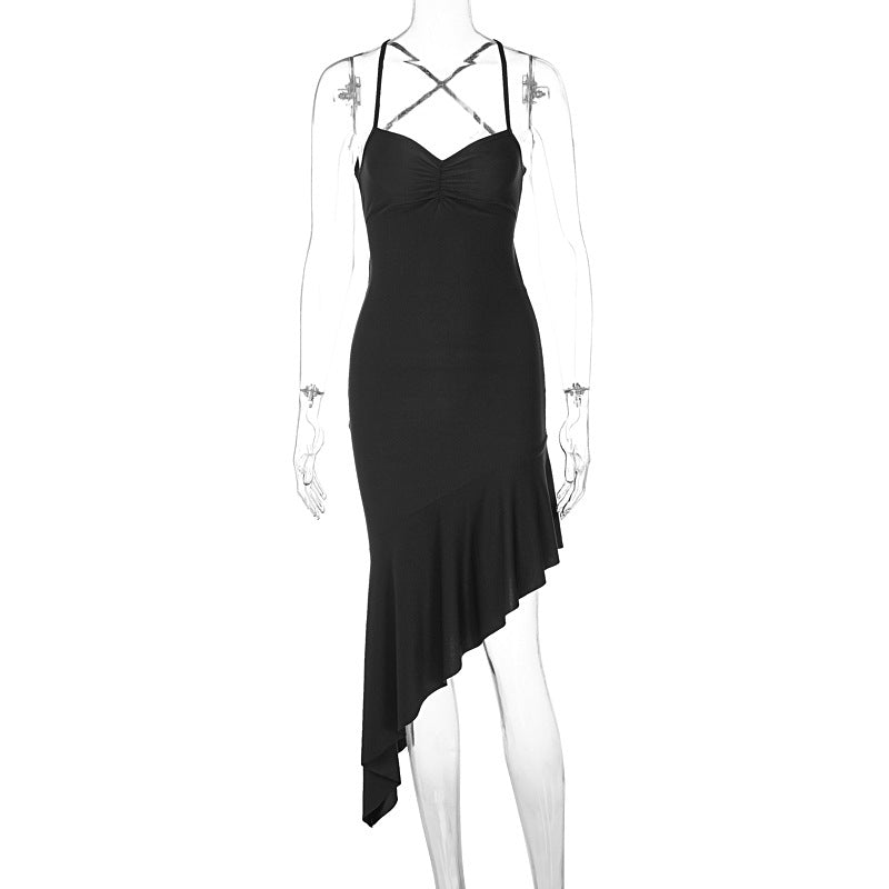 Spring Sexy Sexy Low Cut off Neck Halter Spaghetti Straps Bare Back Dress Black