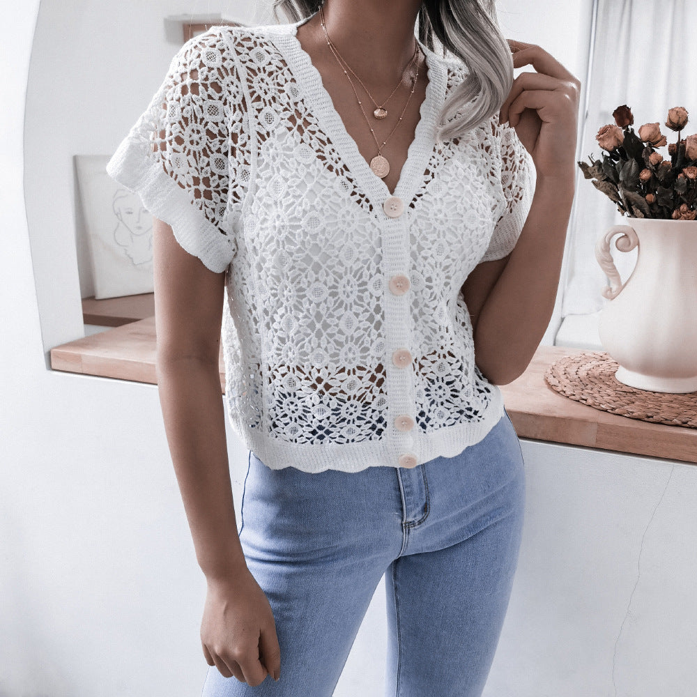 Summer Vacation V neck Crocheted Hollow Out Cutout Lace Shirt Top Women Clothing