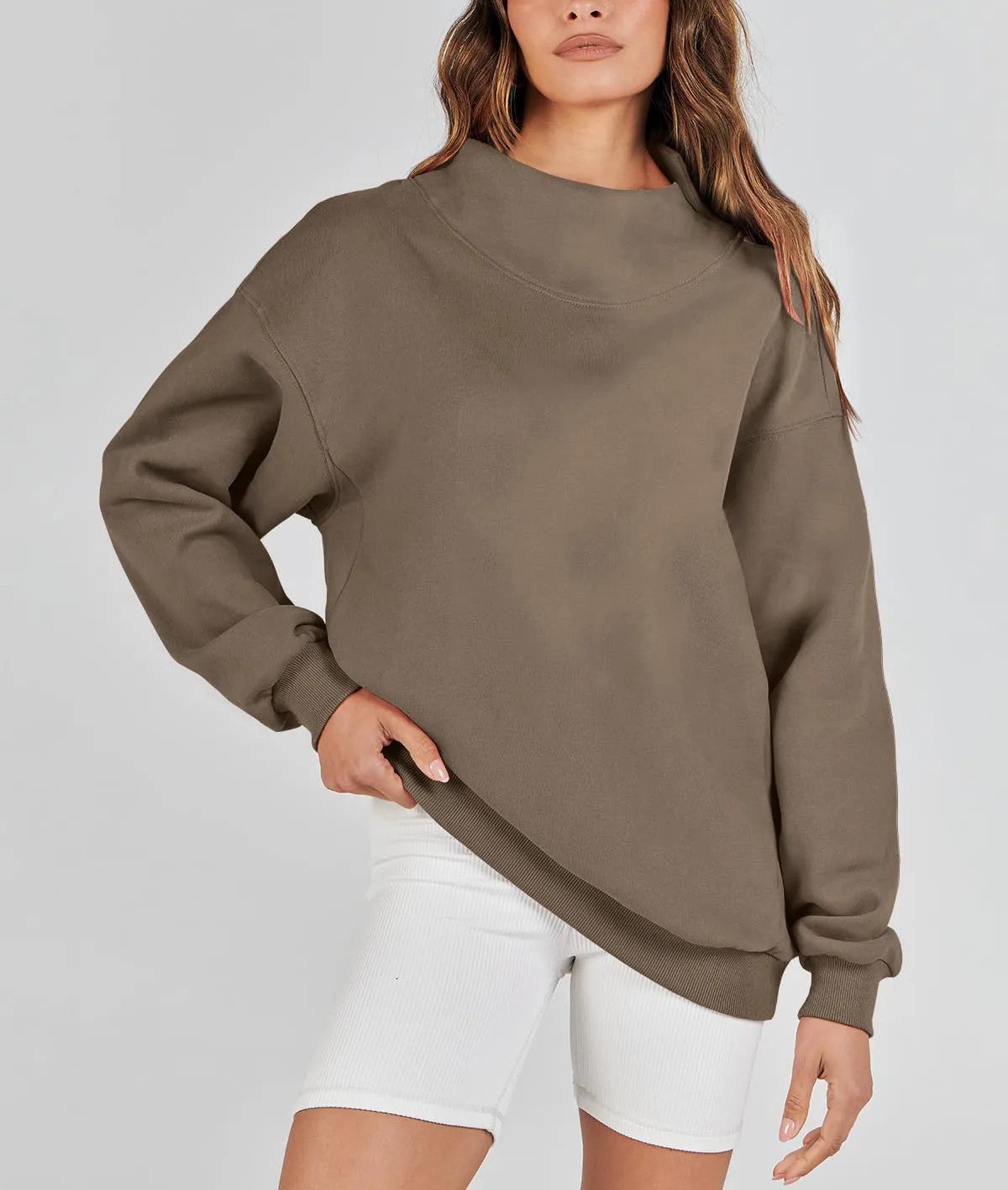 Autumn Winter Women Solid Color Stand Collar Sports Sweater Coffee