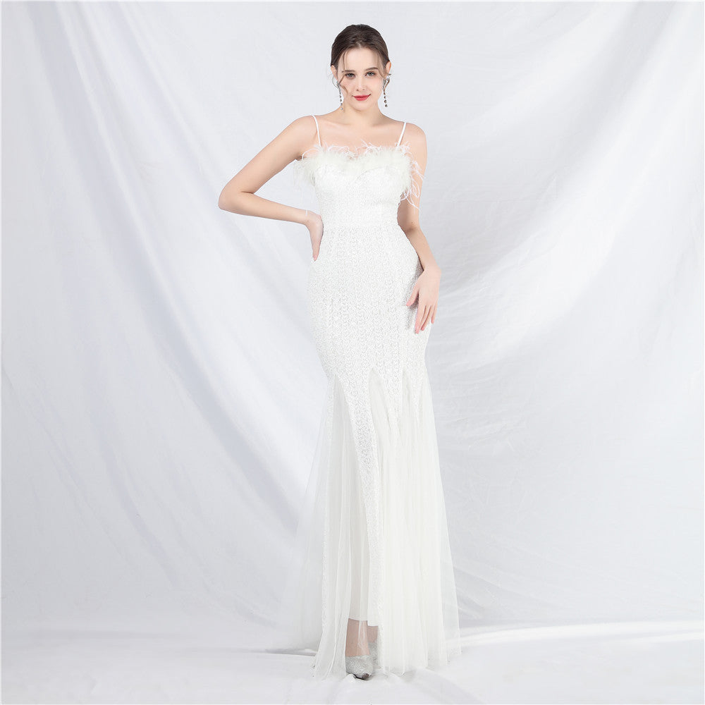 Craft Order Ostrich Feather Mesh Sequined Long Evening Dress White