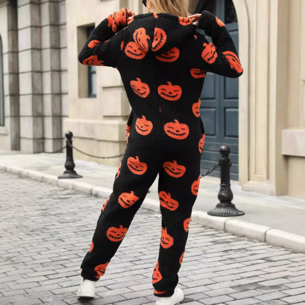 Women Clothing Autumn Winter Halloween Pumpkin Print Loose Zip Plush Jumpsuit