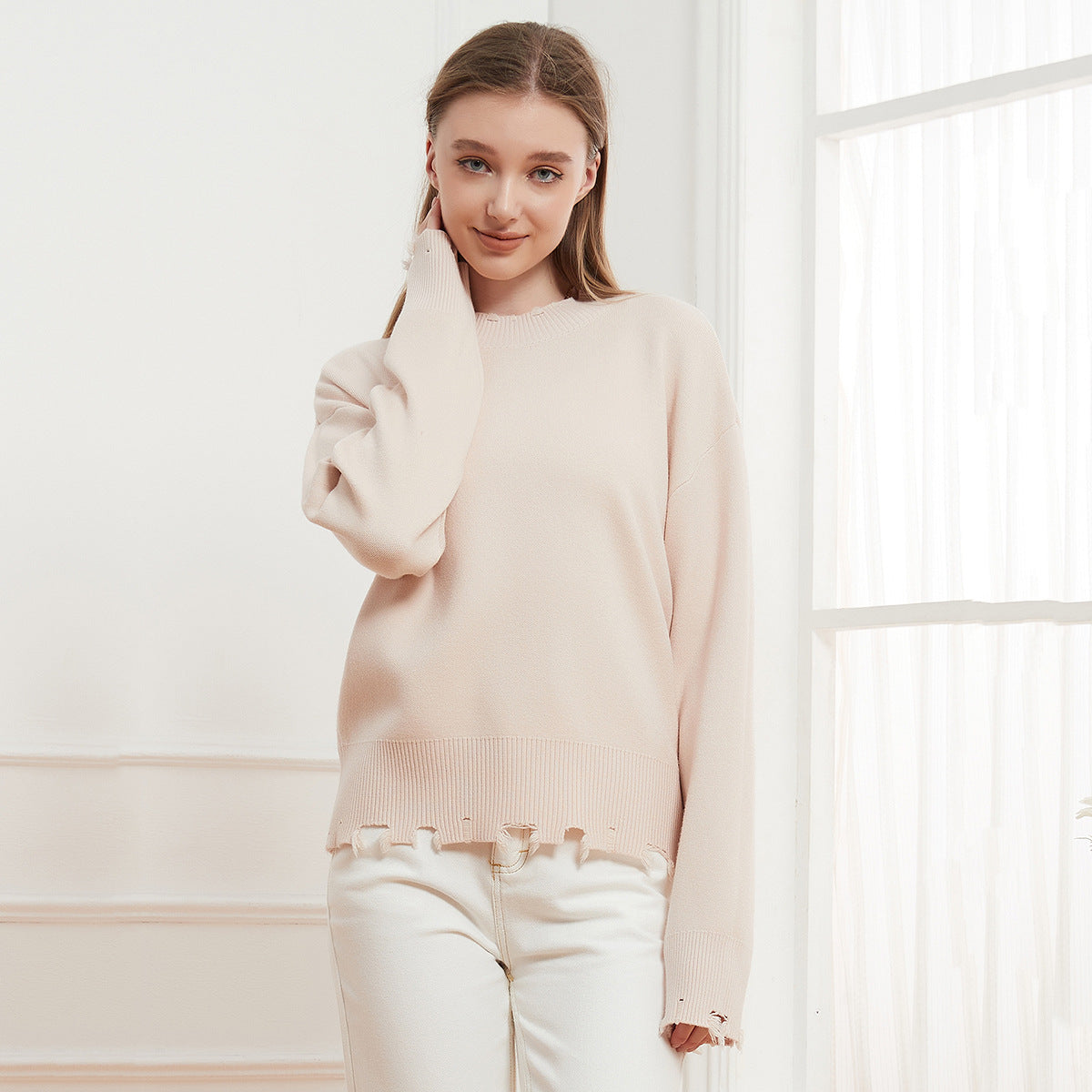 Round Neck Solid Color Hollow Out Cutout out Frayed Casual Simple Sweater Knitted Pullover