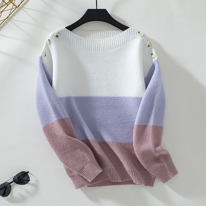 Contrast Color off Neck Button Pullover Women Sweater Autumn Winter Casual Loose Sweater Purple