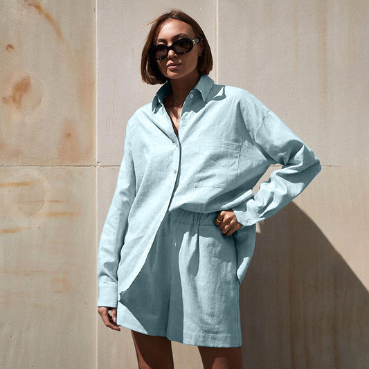 Fall Blue Color Cotton Linen Pajamas Two Piece Cardigan Long Sleeve Shorts Ladies Homewear