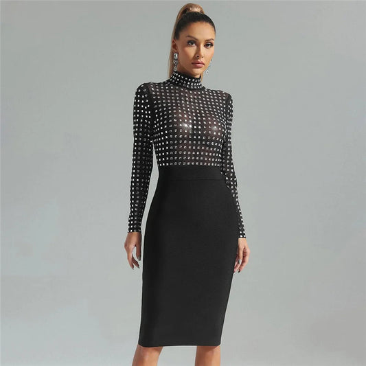 Mesh Stitching Autumn Winter Bandage One Piece Dress Women Sexy Turtleneck Diamond Nightclub Party Dress