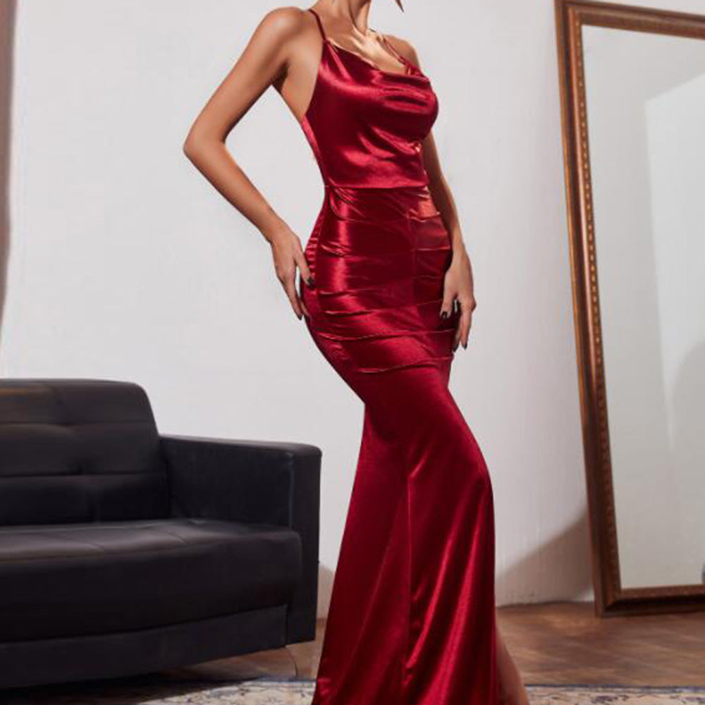 Sexy Luxury Women Elegant Dress Backless Sling Swing Collar Slit Satin Evening Dress