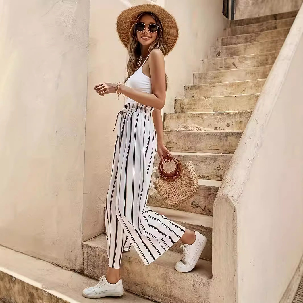 Summer Vacation Popular Women Straight Loose Slimming Casual Striped High Waist Wide Leg Pants