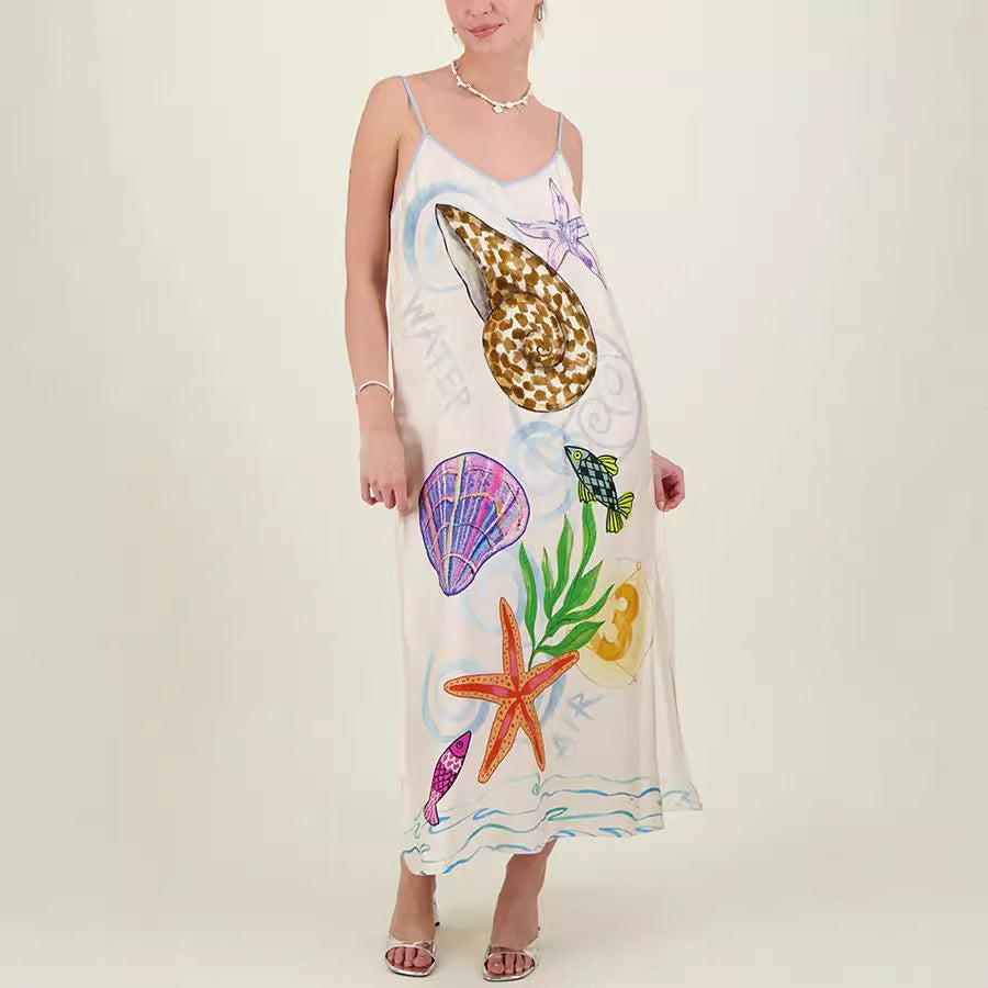 Summer Cool Printed Sling Satin Vacation Loose Dress Women