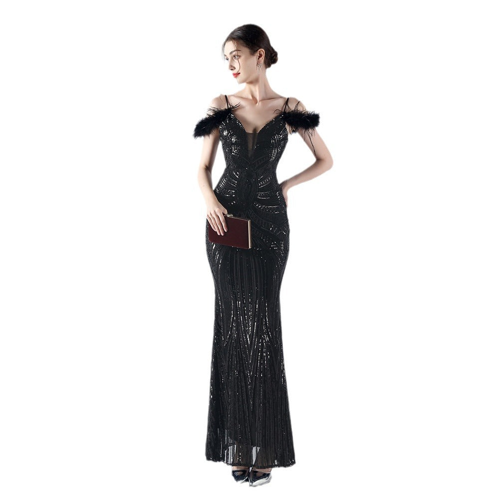 Dress Craft Order Ostrich Feather Positioning Floral Sequin Evening Dress