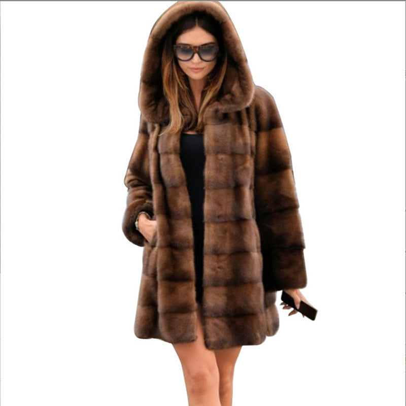 Women Artificial Mink Hair Fur Coat Mid Length Hooded Coat Fur plus Size Casual Warm Coffee