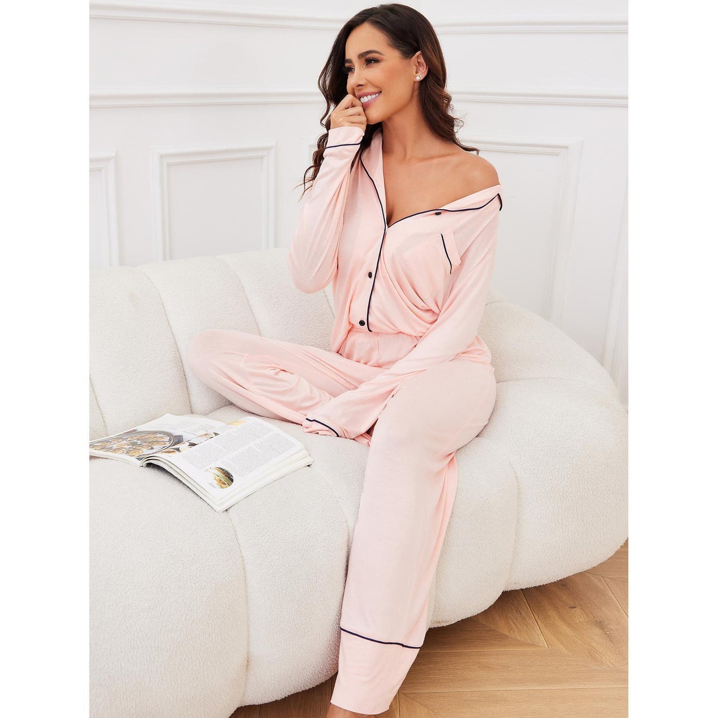 Homewear Autumn Winter Modal Long Sleeved Shirt Trousers Two Piece Pajamas Women Pajama