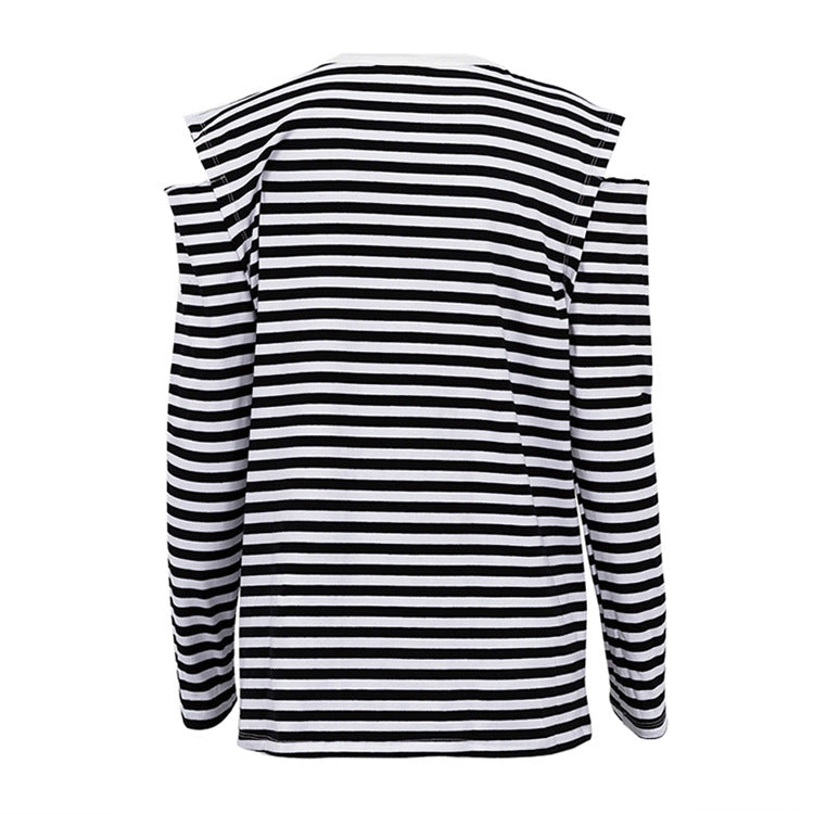 Summer Women Clothing Striped Crew Neck Long Sleeves off Shoulder Loose Fitting T shirt Top Women