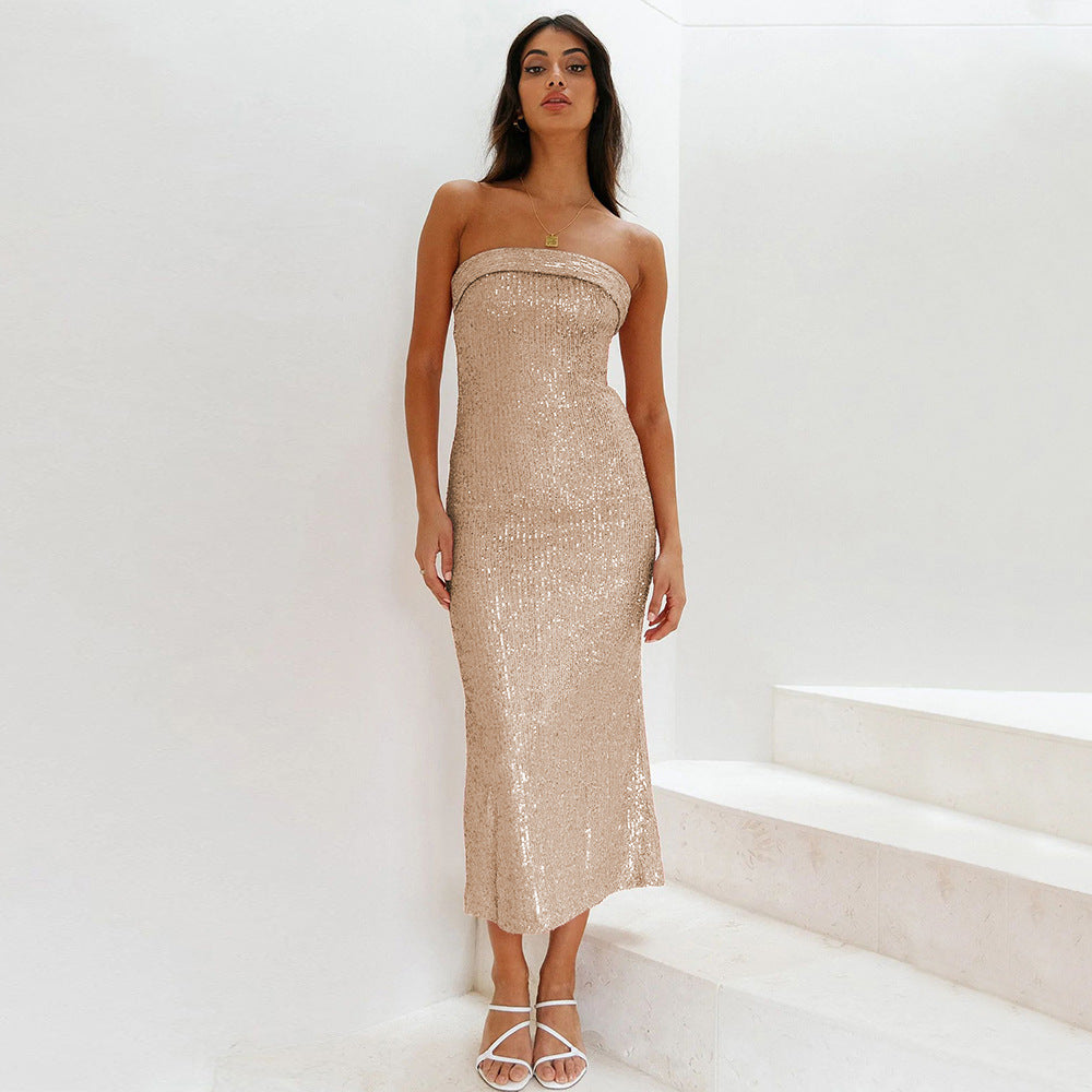 Beaded Dress Sexy Tube Top Sequined Dress High End Women Hollow Out Cutout Sexy Dress Bridesmaid Dress Apricot