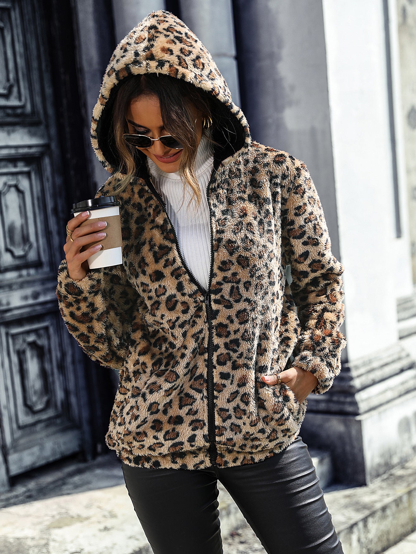 Autumn Winter Women Hooded Long Sleeve Leopard Print Mid Length Plush Loose Casual Jacket Coffee Color and Leopard Print