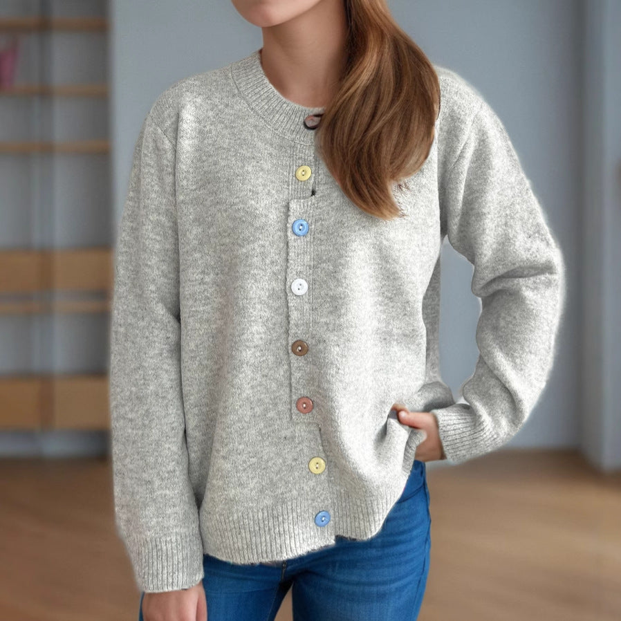 Casual Contrast Color Button Knitted Sweater round Neck Solid Color Long Sleeve Cardigan Gray