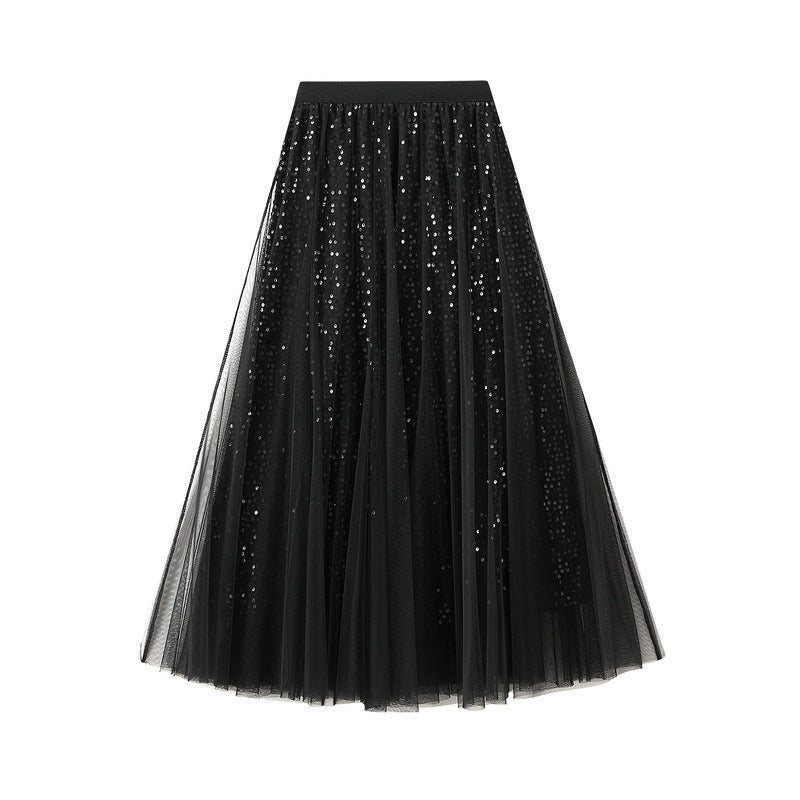 High Grade Sequin Gauze Skirt Women Draping Super Fairy Gauze Skirt Covering Large Swing A line Long Skirt One Size Black