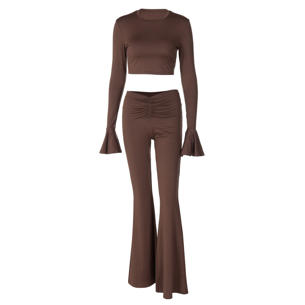 Autumn Winter Solid Color Ruffles Long Sleeve Pleated Slim Trousers Sets