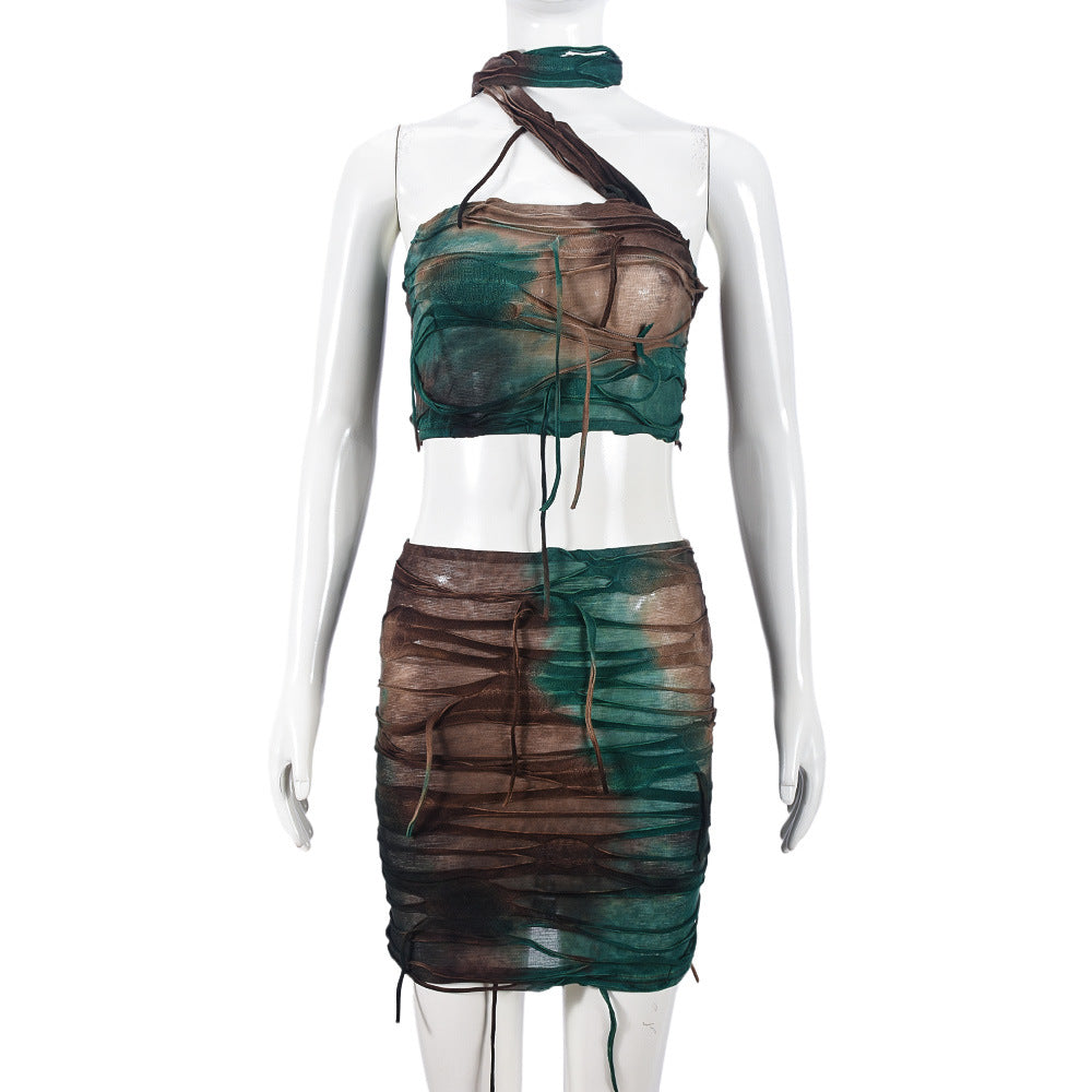 Autumn Wrapped Chest Neck Skirt Tie Dyed Ripped Tassel Two Piece Sets Sexy Women Clothing Green