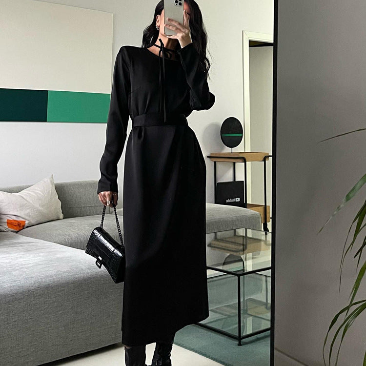 Women Clothing Autumn Lace up Backless Dress High Sense Show Thin Black Maxi Dress