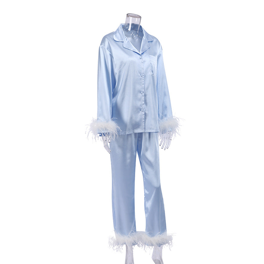 Autumn Winter Fashion Ostrich Feather Pajamas Set Artificial Silk Loose Ladies Homewear Turquoise