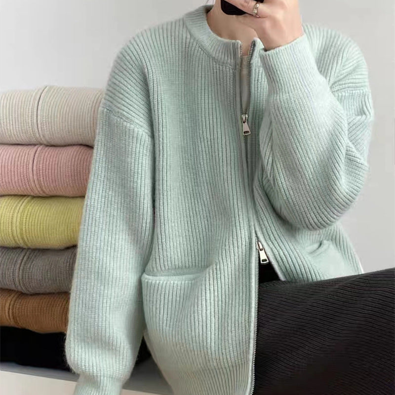 Retro Solid Color Idle Sense Sunken Stripe Double Zipper Knitted Cardigan Women Loose Soft Glutinous Dinified Sweater Coat