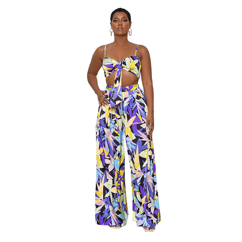 Summer Printed Sexy Strap Tube Top Cropped Women Clothing Casual Wide Leg Pants Suit Purple