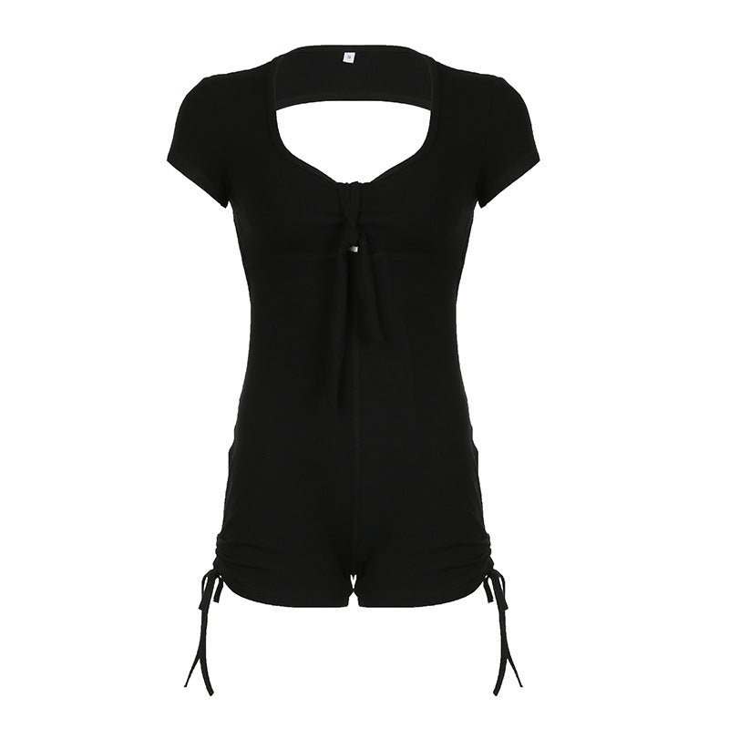 Summer Backless Drawstring Strap Sports Short Sleeved Jumpsuit Pleated Sexy Jumpsuit Black