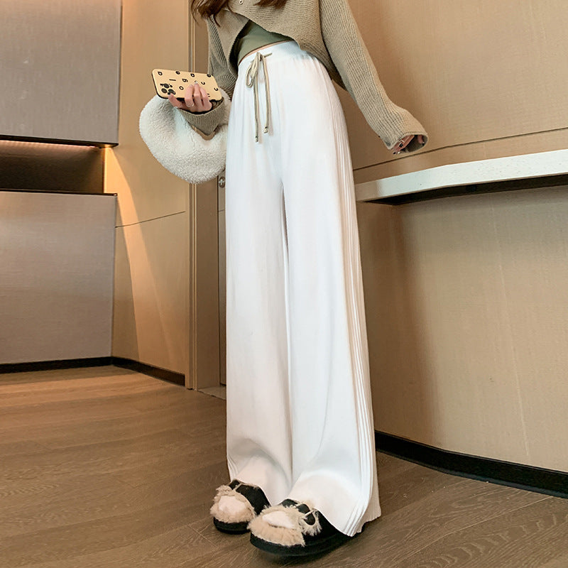 Knitted Wide Leg Pants Design Feeling Side Pleated Sunken Stripe Autumn Winter Thickening Loose Drooping Slimming Mopping Casual Pants for Women One Size White