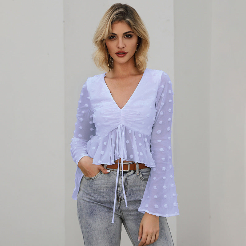 Summer Women Clothing Bell Sleeve Top Long Sleeve Polka-Dot Self Tie Ruffled Shirt Short Purple